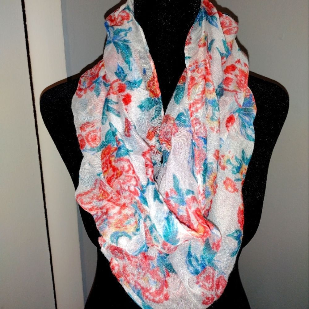 Orange, blue & white Floral Infinity Scarf
